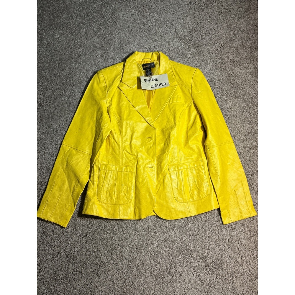 NWT Metrostyle Womens Yellow Genuine Leather Blazer Jacket Size 14 Two Button
